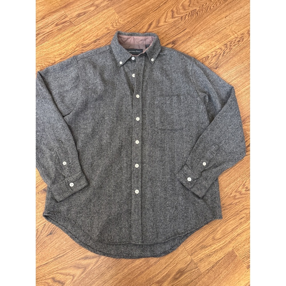 Christopher Hayes Mens Large Grey Herringbone Recycled Wool Academia Button Down